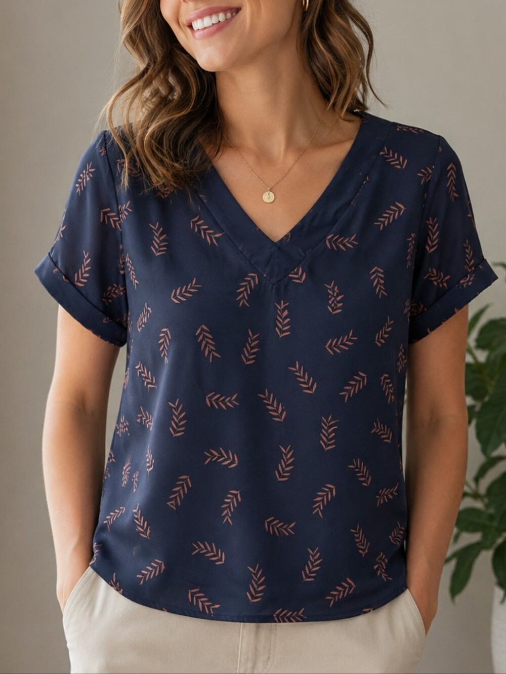 Women’s Navy V-Neck Short Sleeve Top with Leaf Print